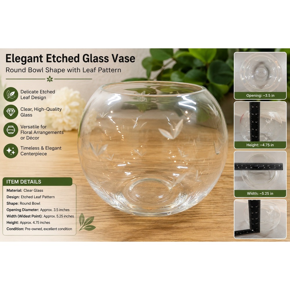 Vintage Etched Glass Rose Bowl Round Clear‎ Vase Wheat Leaf Pattern 4 Inch